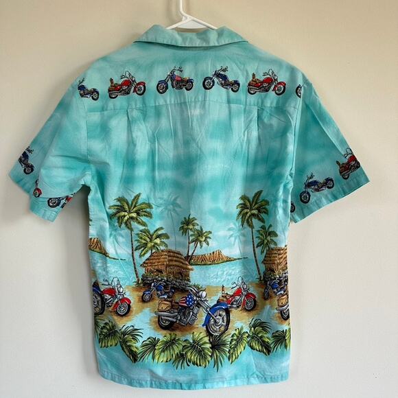 Ky's Vintage Hawaiian Shirt Motorcycle Biker Short Sleeve Resort Vacation Blue S - Picture 10 of 13